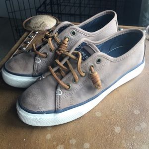Sperry taupe leather slip on sneakers